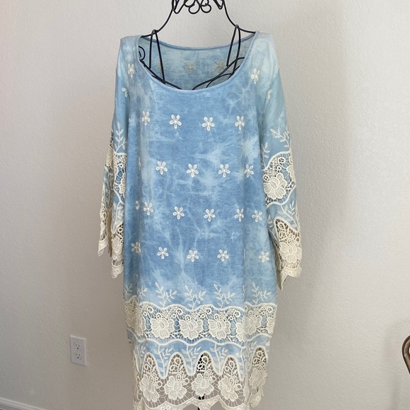 No Label Dresses & Skirts - Boho Embroidered Lace-Trim Dress in Light Blue Tie-Dye